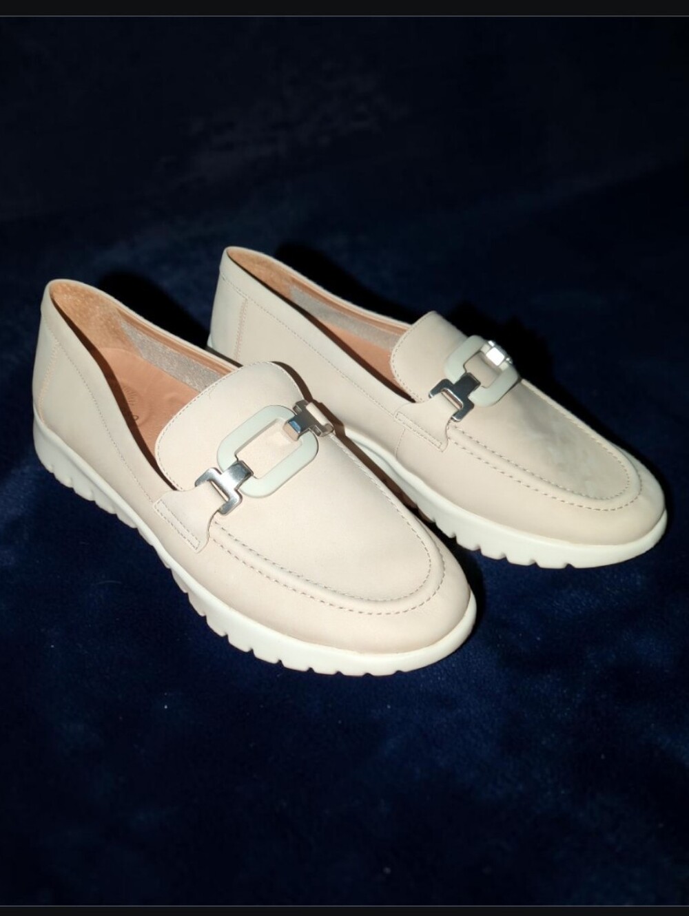 Women's Cream Slip-On Loafers with Decorative Silver Hardware